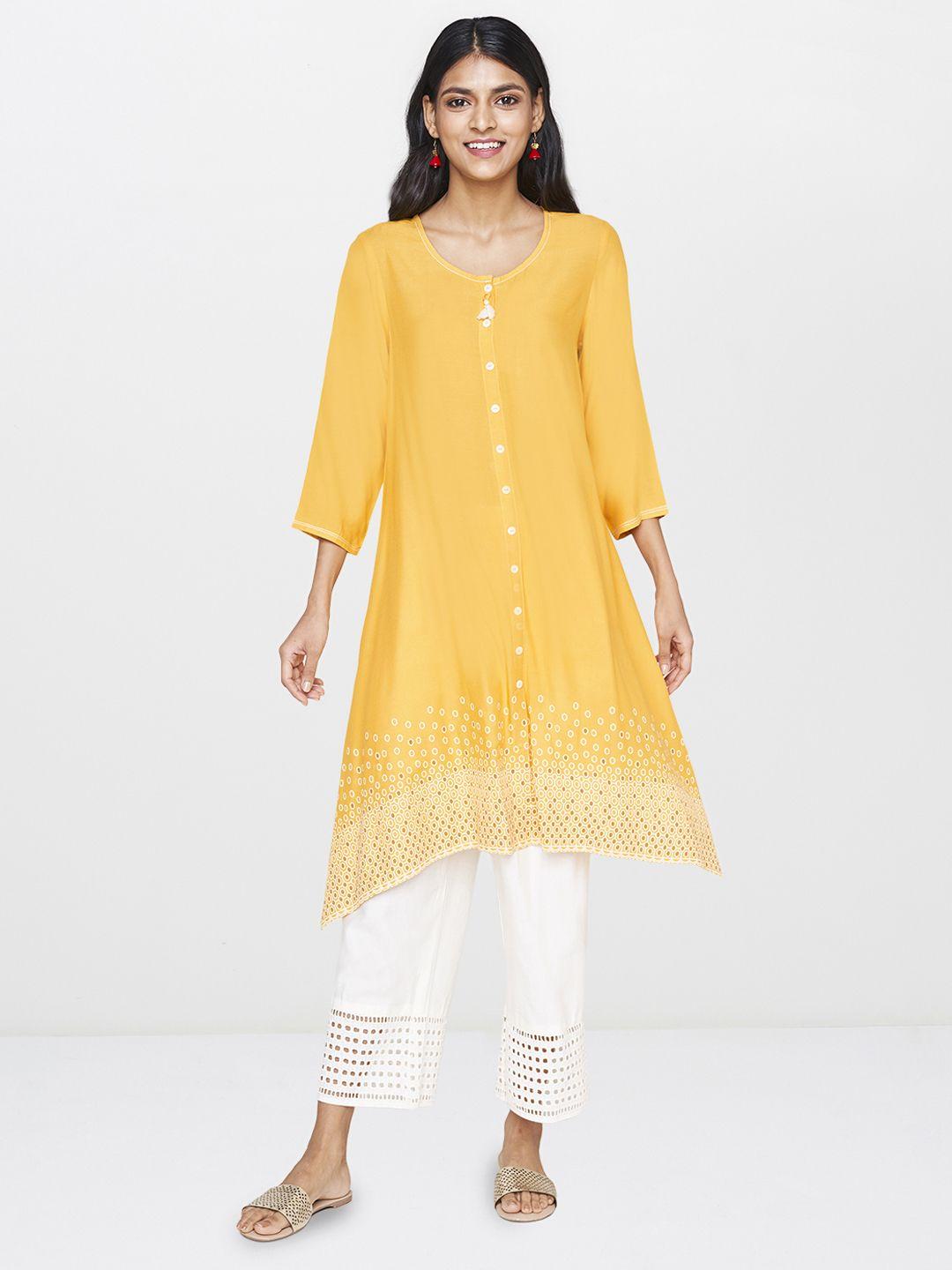 global desi women mustard & white printed a-line kurta