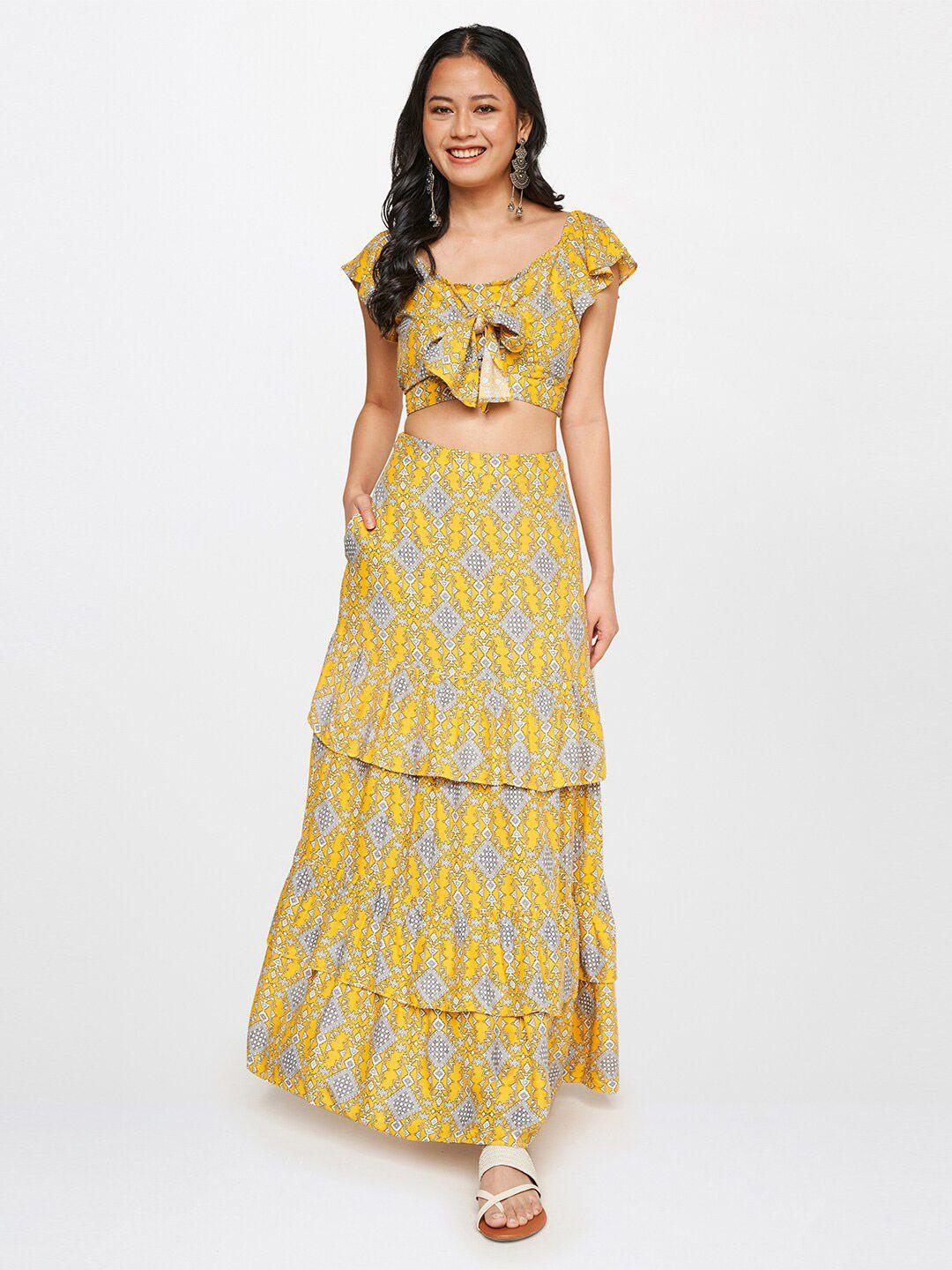 global desi women mustard printed top with skirt co-ords set