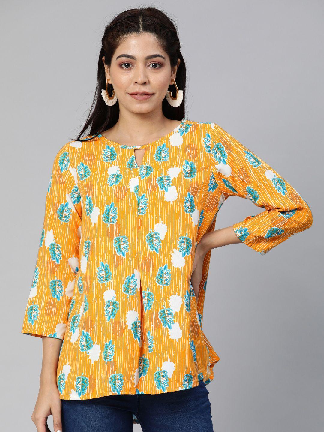global desi women mustard yellow & blue printed a-line top