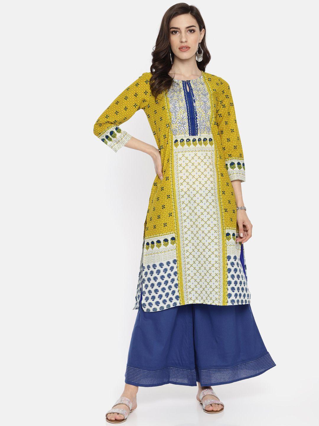global desi women mustard yellow & blue printed kurta with palazzos