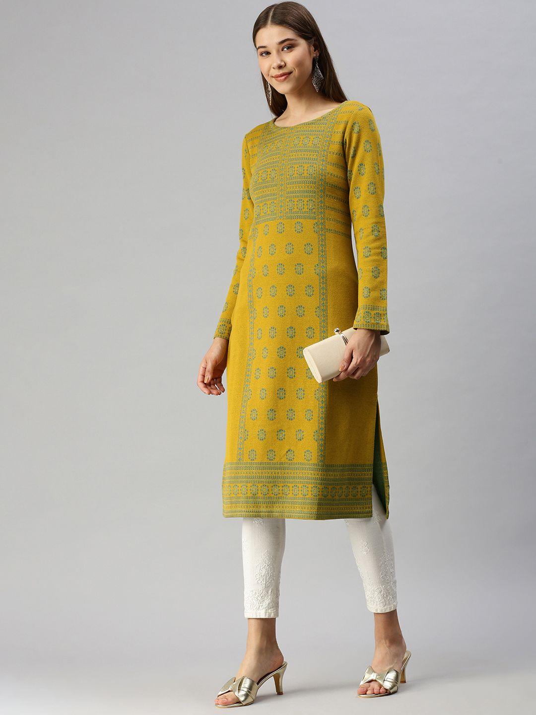 global desi women mustard yellow & green floral printed flared sleeves kurta