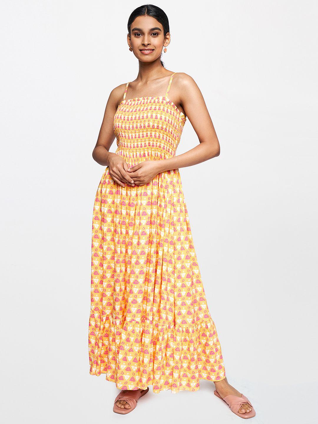 global desi women mustard yellow & pink printed maxi dress