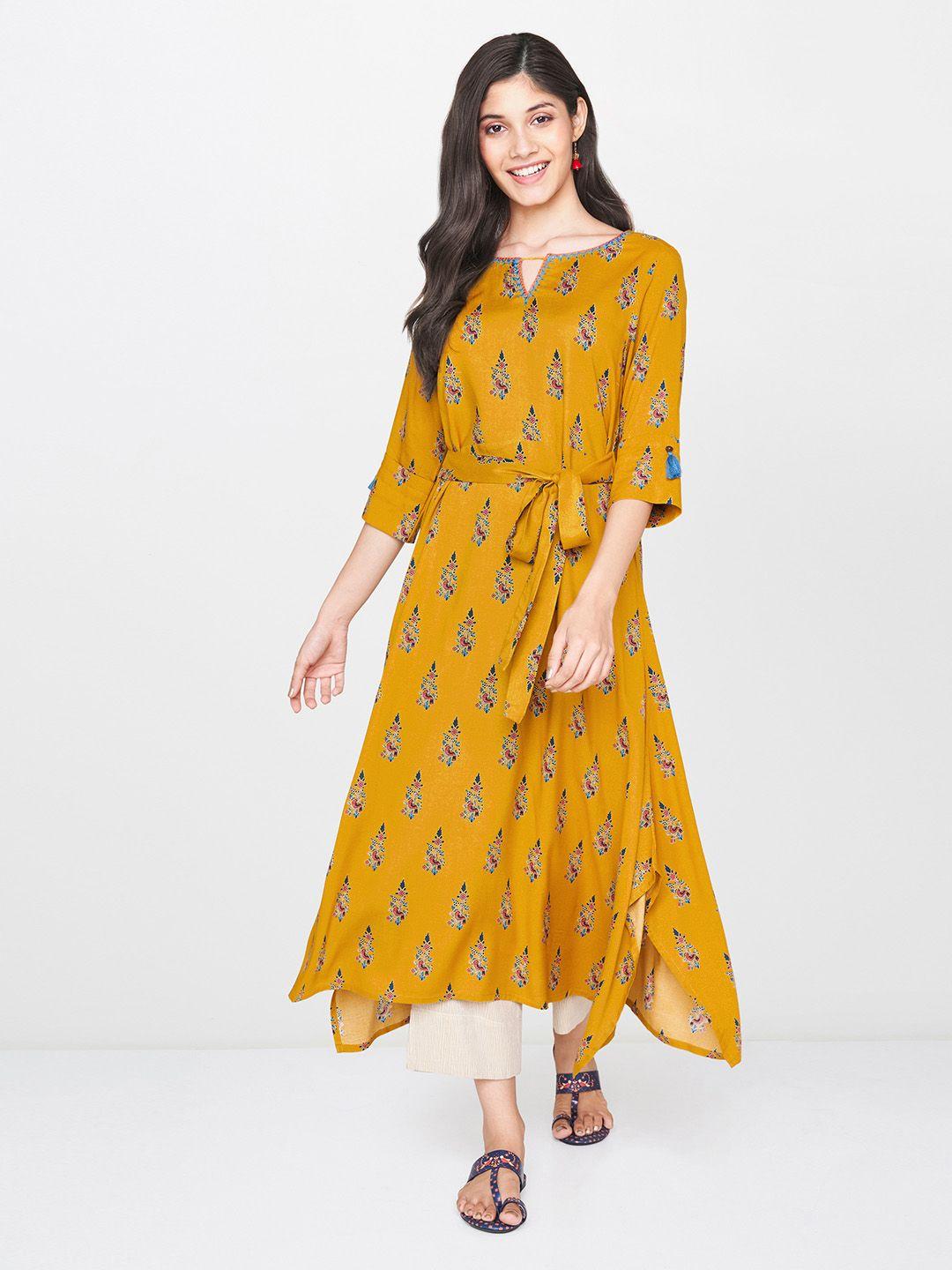 global desi women mustard yellow & teal blue printed asymmetric a-line kurta