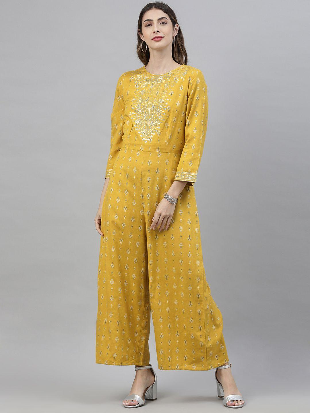 global desi women mustard yellow & white printed basic jumpsuit