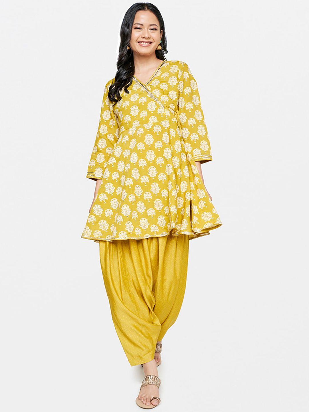 global desi women mustard yellow ethnic motifs printed angrakha kurta with salwar