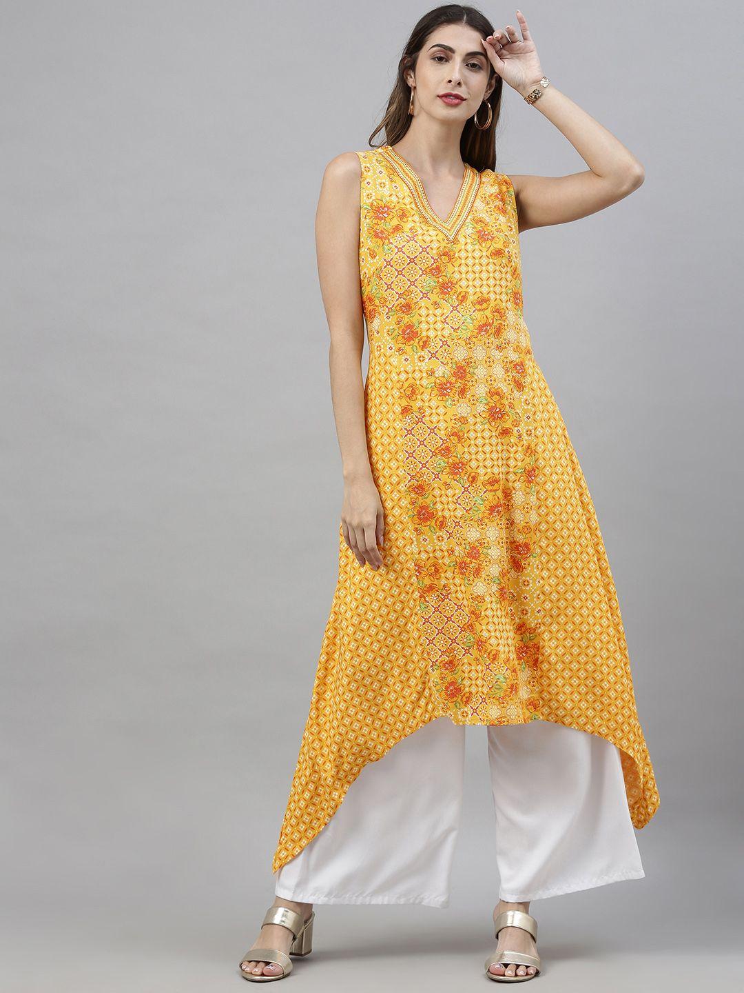 global desi women mustard yellow ethnic motifs printed kurta