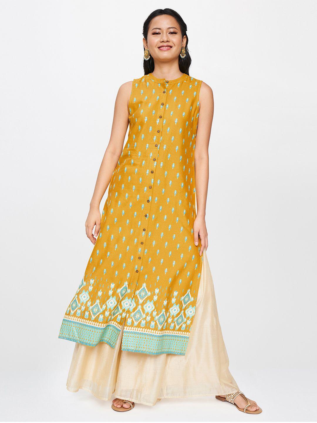 global desi women mustard yellow floral printed kurta