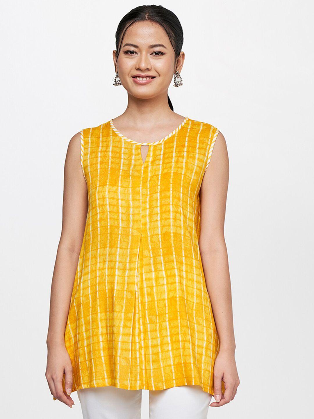 global desi women mustard yellow geometric printed keyhole neck top