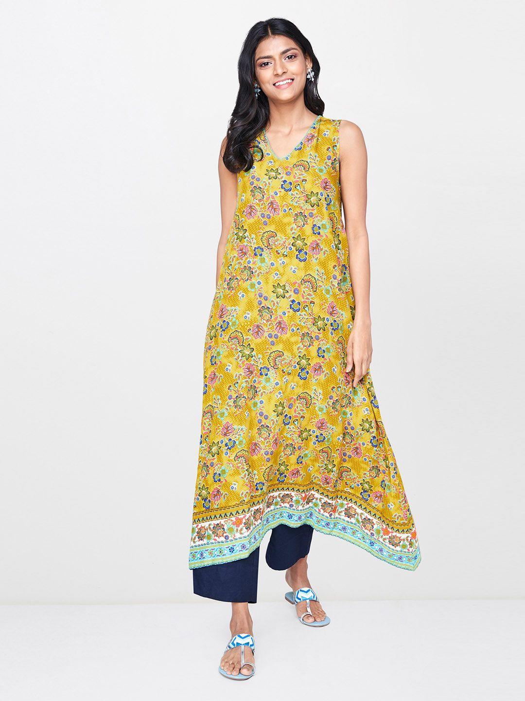 global desi women mustard yellow printed asymmetric a-line kurta