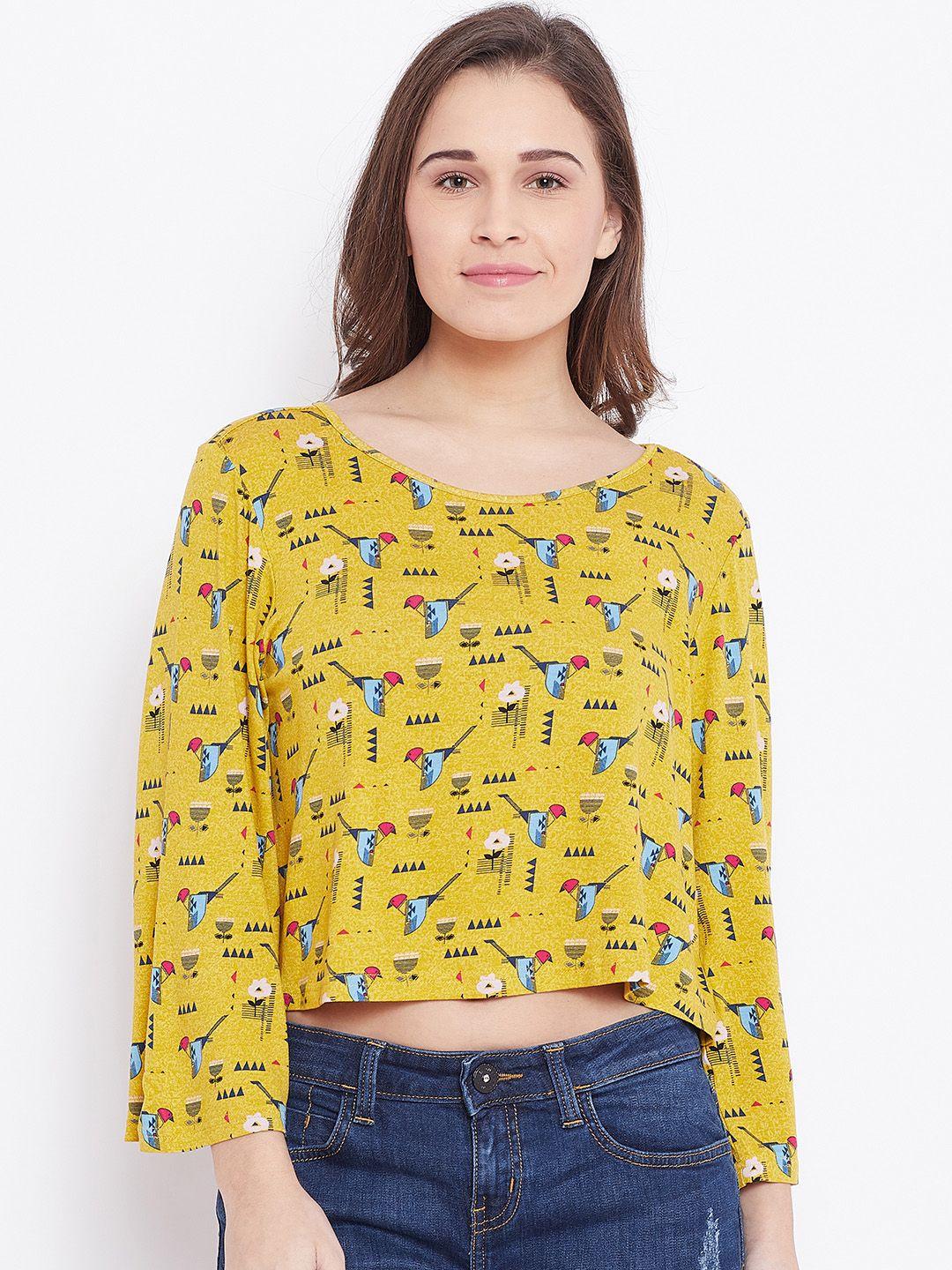 global desi women mustard yellow printed round neck t-shirt