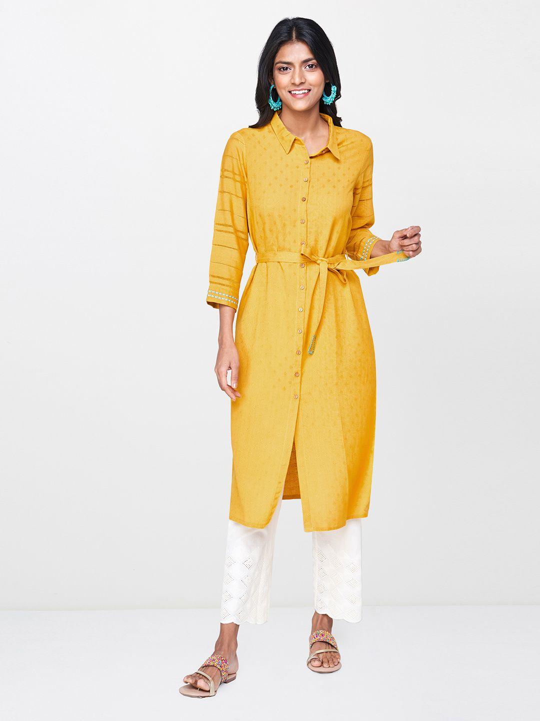 global desi women mustard yellow self design tunic with embroidered detail