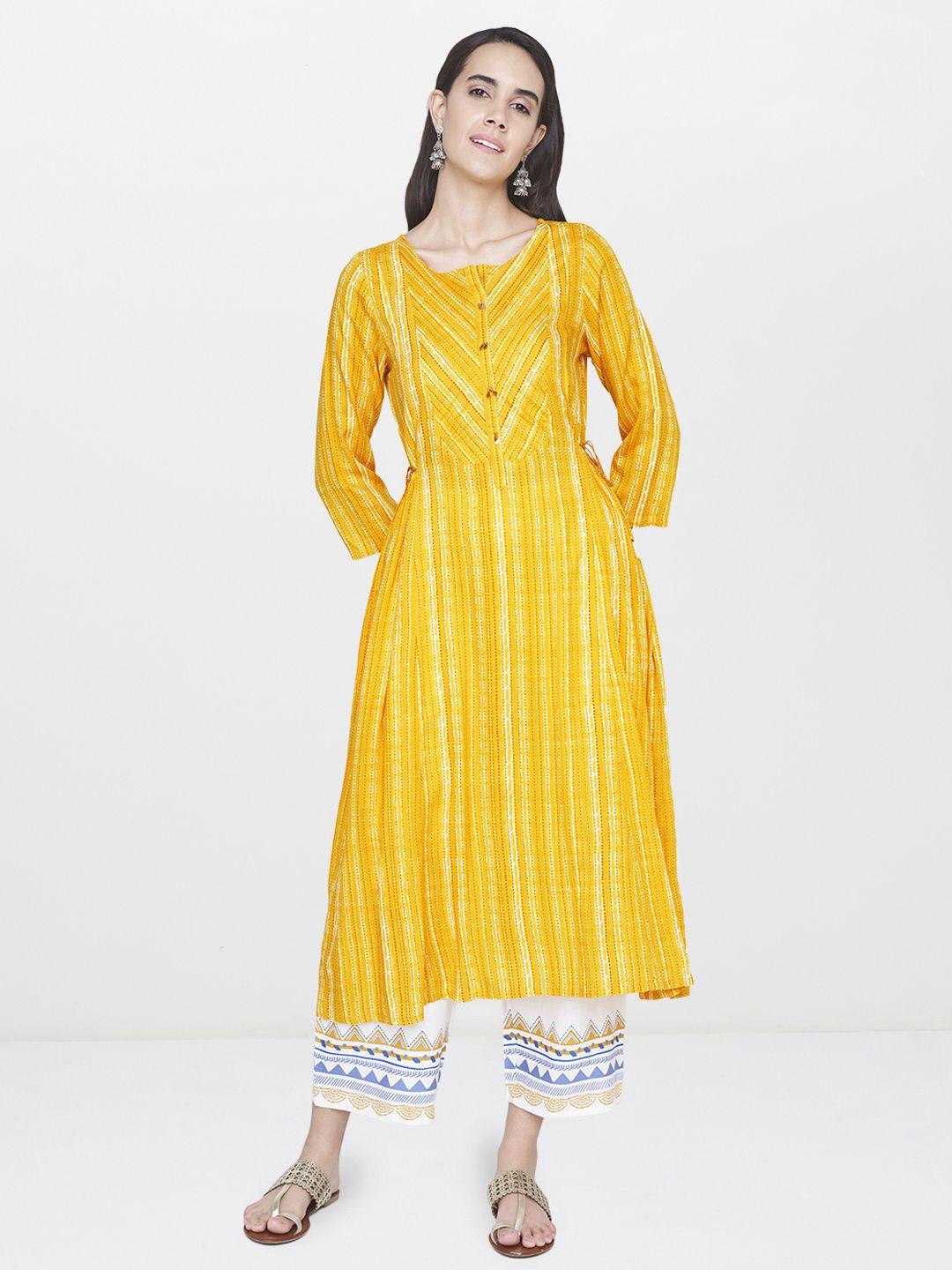 global desi women mustard yellow striped a-line kurta