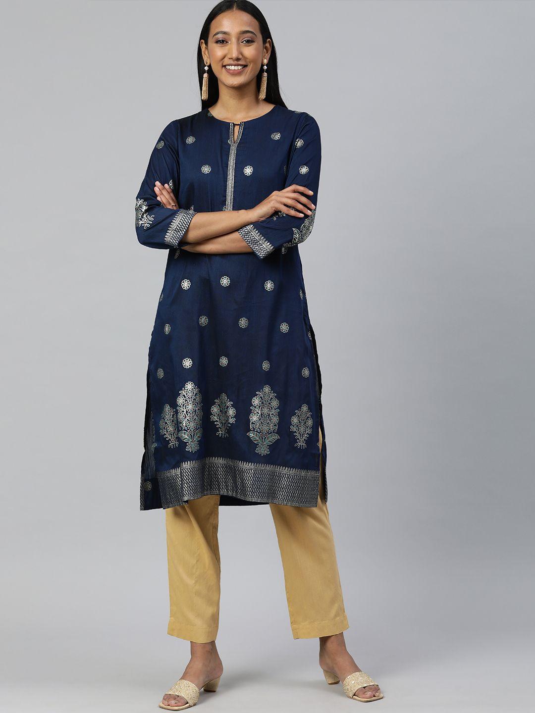 global desi women navy-blue ethnic motifs printed keyhole neck indigo kurta