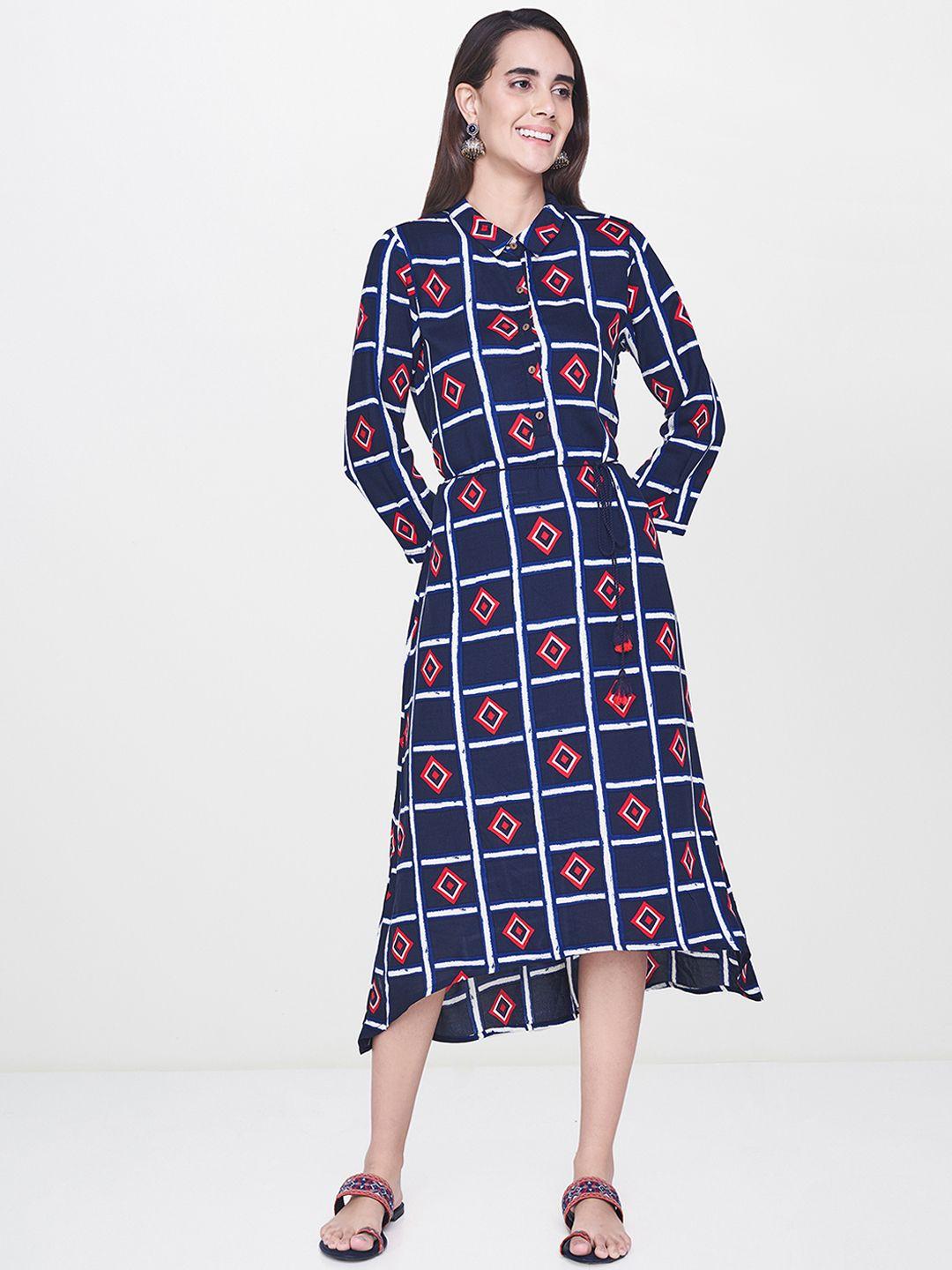 global desi women navy blue printed shirt dress