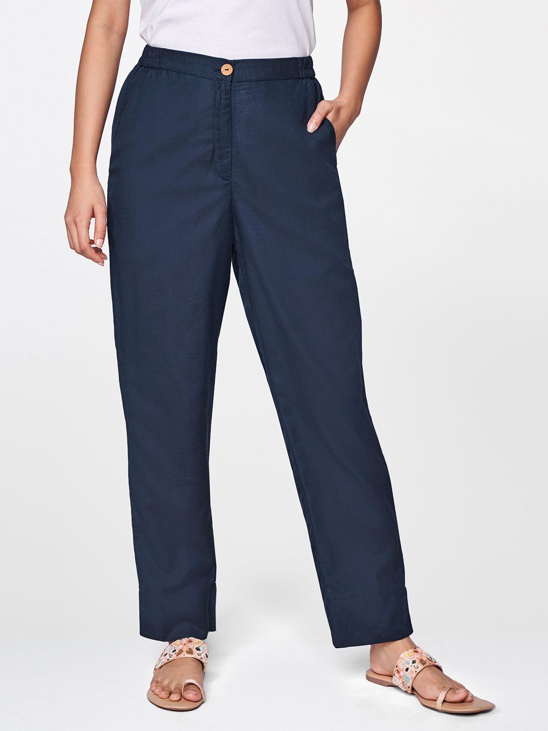 global desi women navy blue straight fit trousers