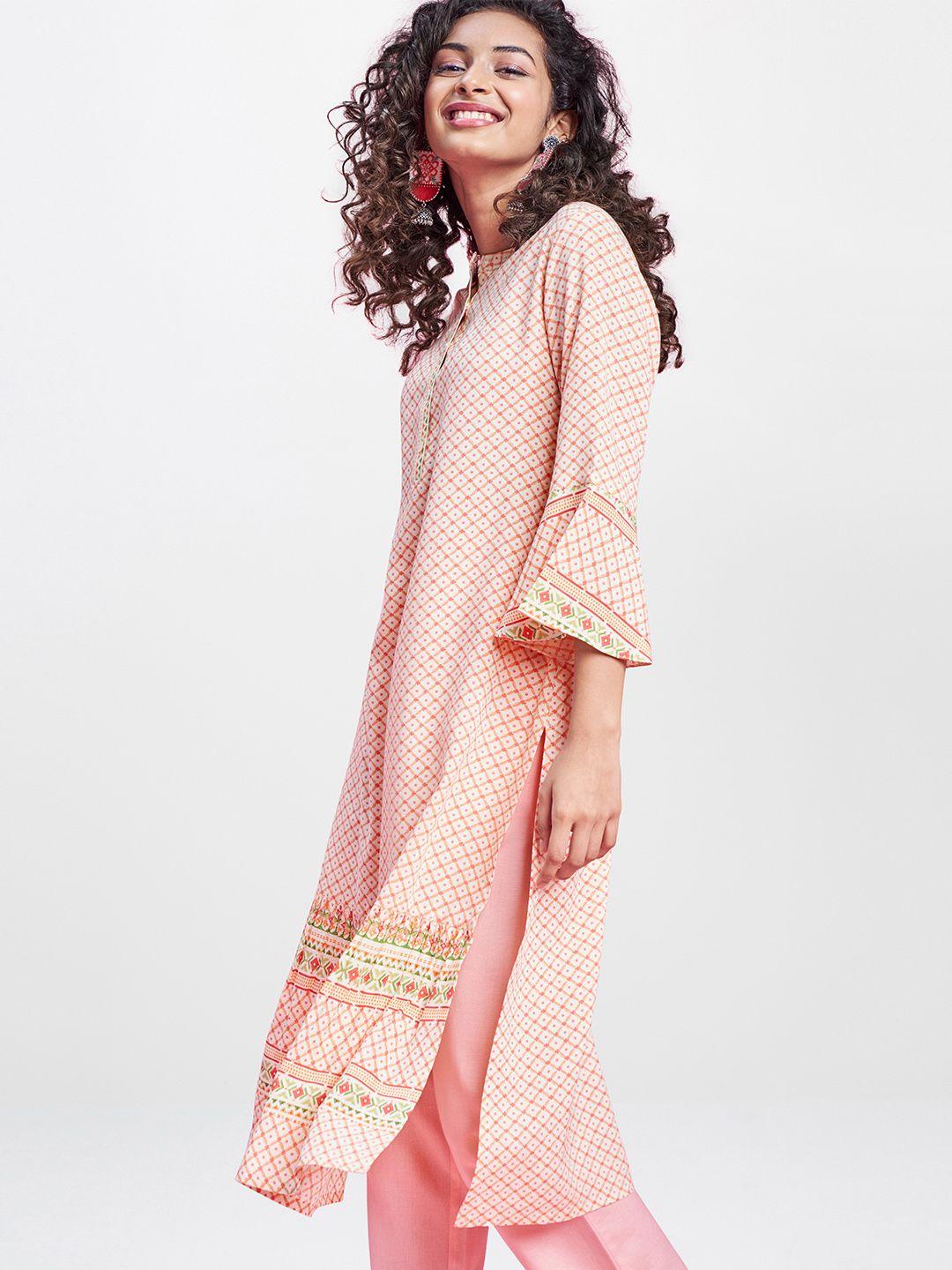 global desi women off white & pink printed bell sleeves kurta