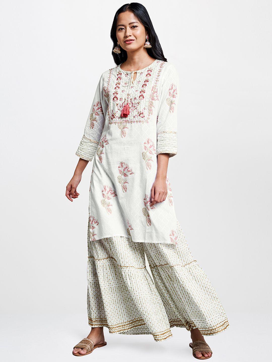 global desi women off-white & pink printed kurta with sharara