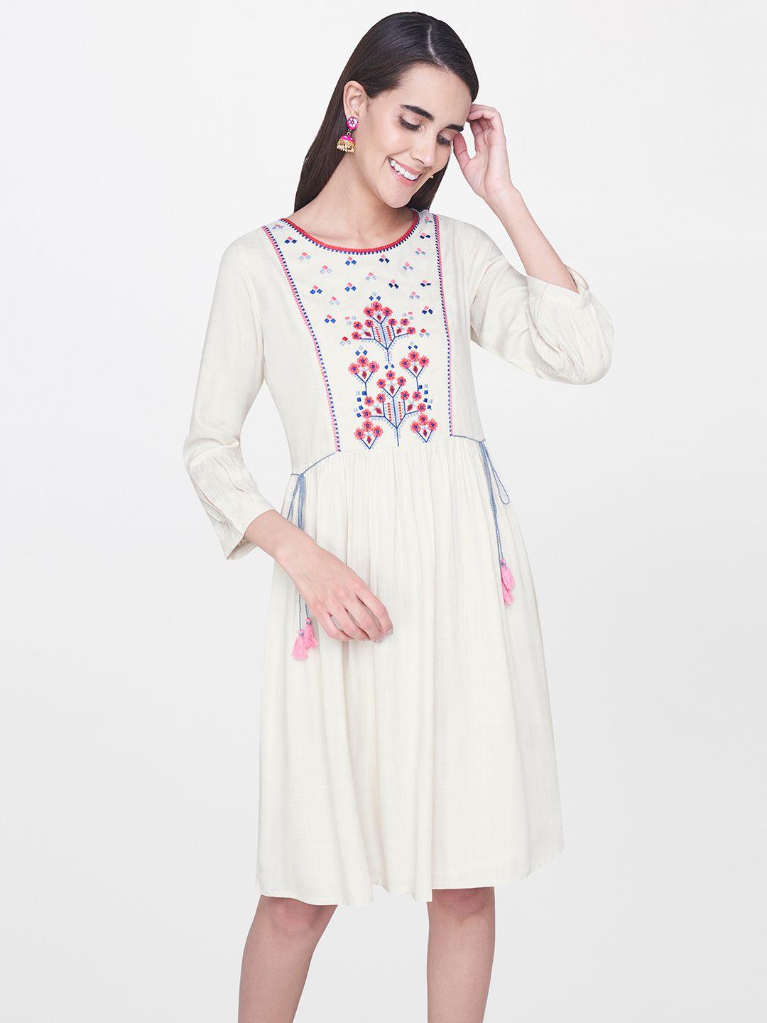 global desi women off-white embroided a-line dress