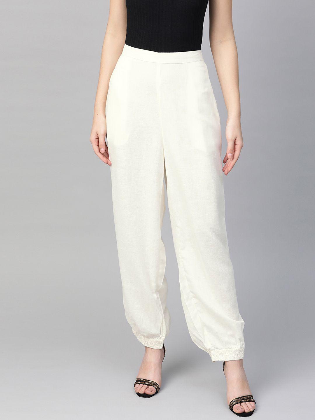 global desi women off-white regular fit ecovero sustainable solid harem trousers