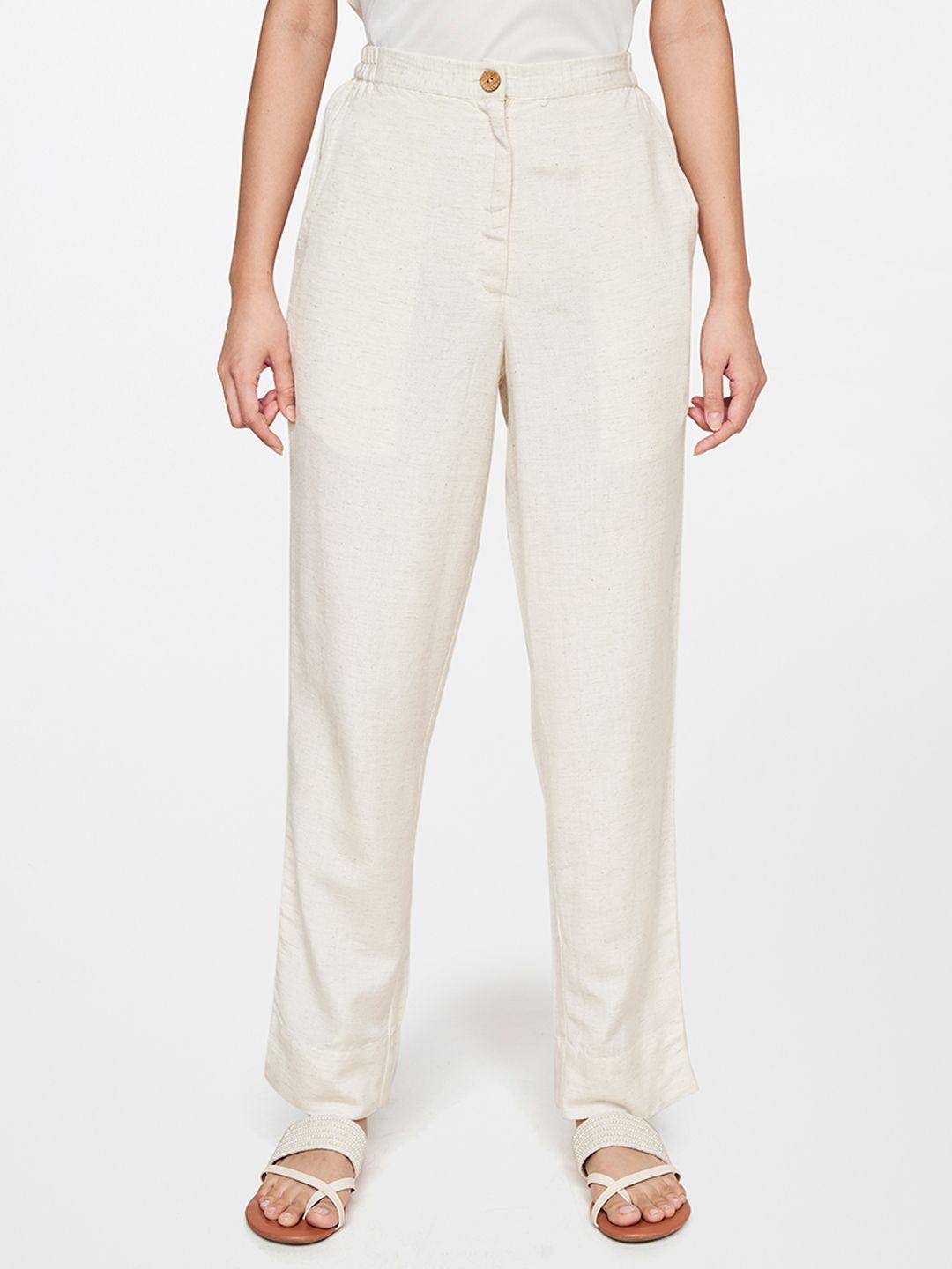 global desi women off white straight fit trousers