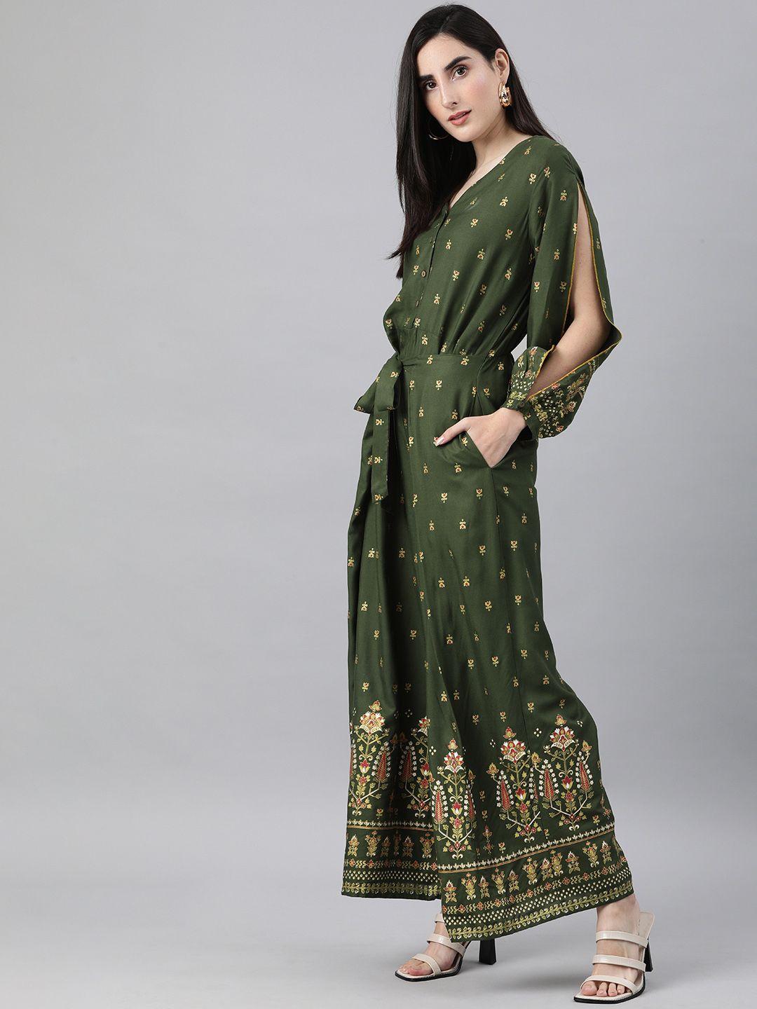 global desi women olive green printed basic jumpsuit with layered detail