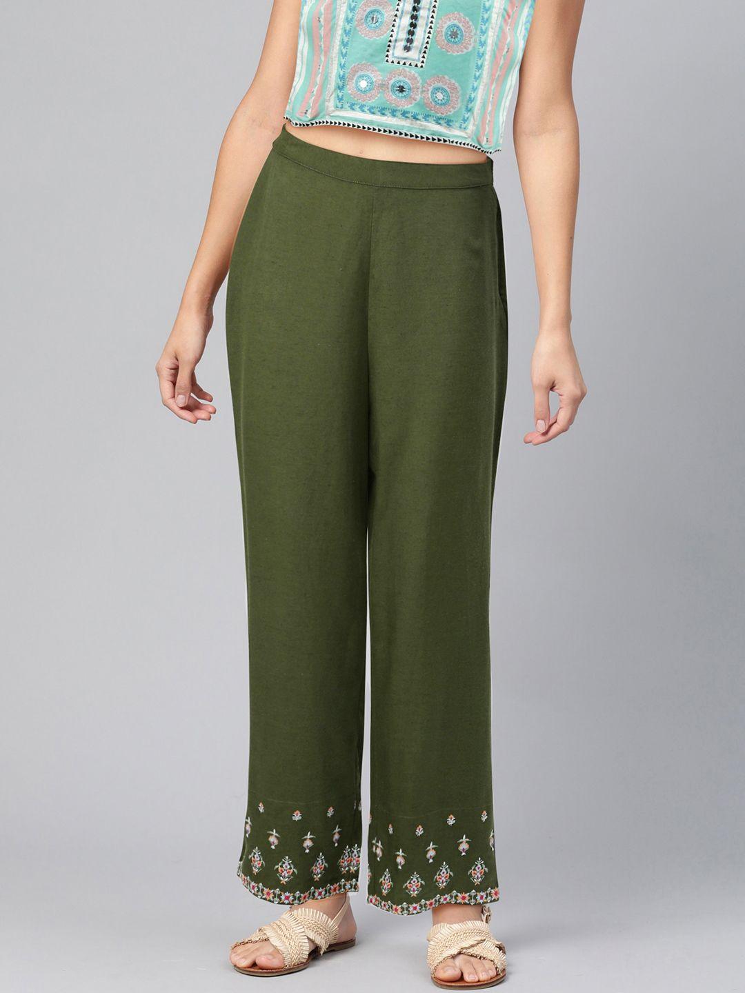 global desi women olive green regular fit solid parallel trousers with embroidered details