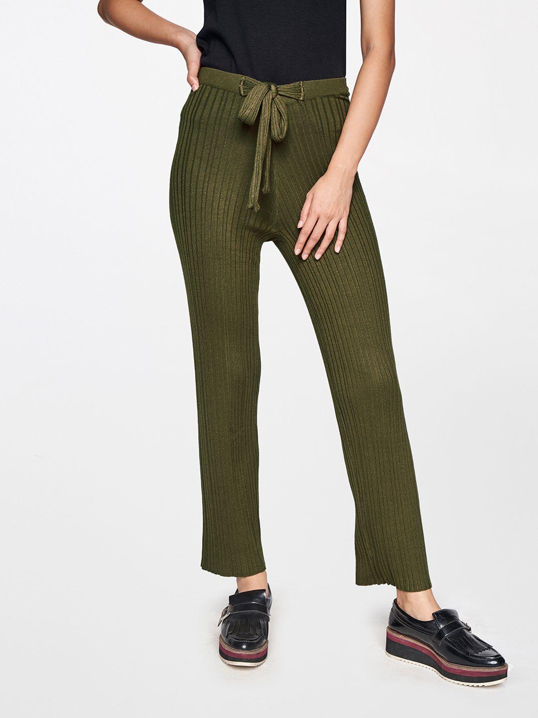 global desi women olive green striped waist tie-up trousers