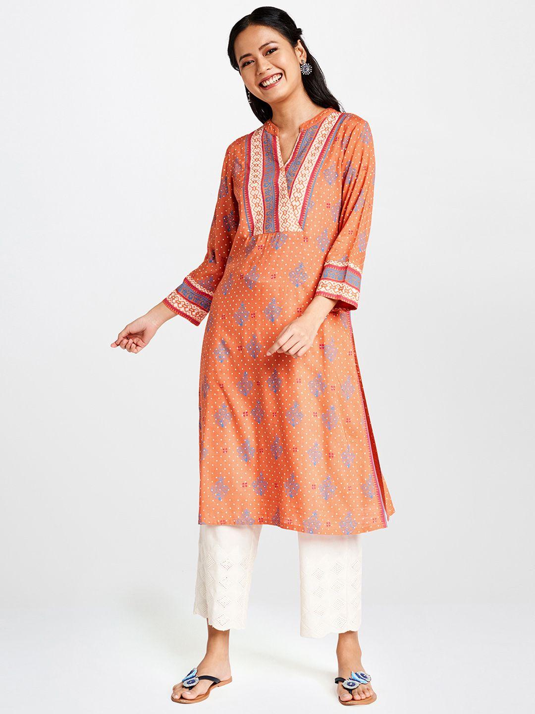 global desi women orange & blue floral printed a-line kurta