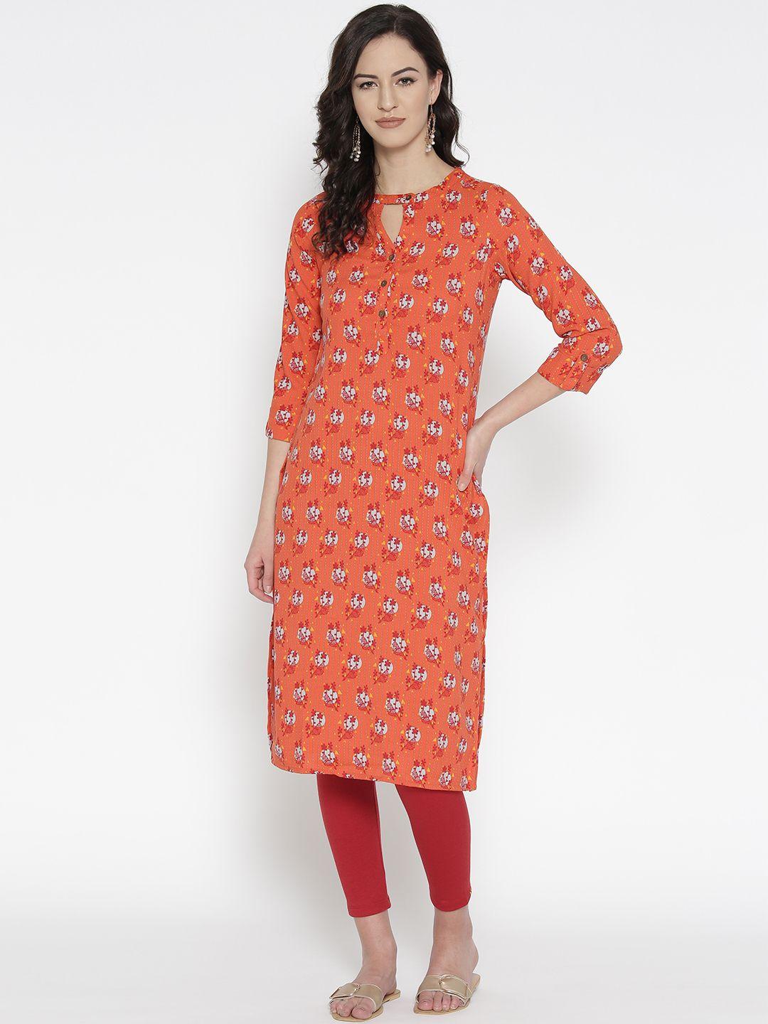 global desi women orange & grey printed straight kurta