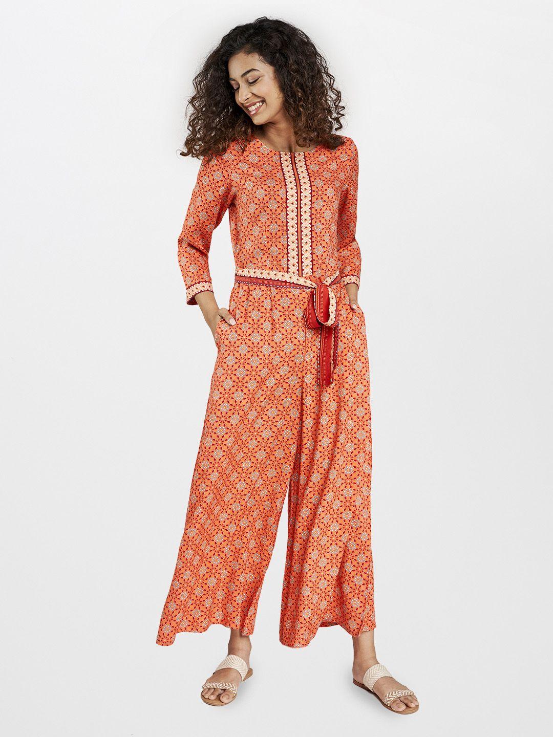 global desi women orange & red ethnic motifs print sustainable basic jumpsuit with belt