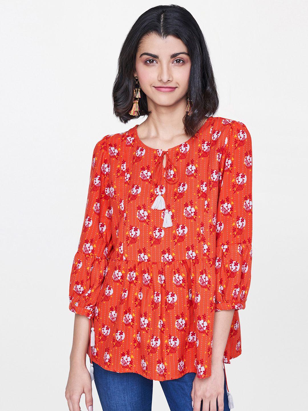 global desi women orange printed a-line top