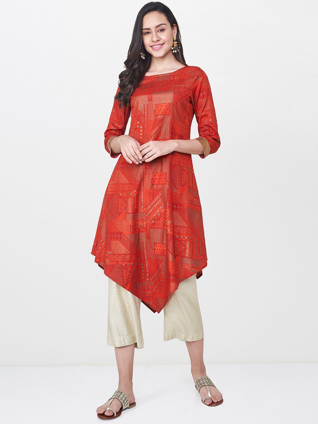 global desi women orange printed asymmetric a-line kurta