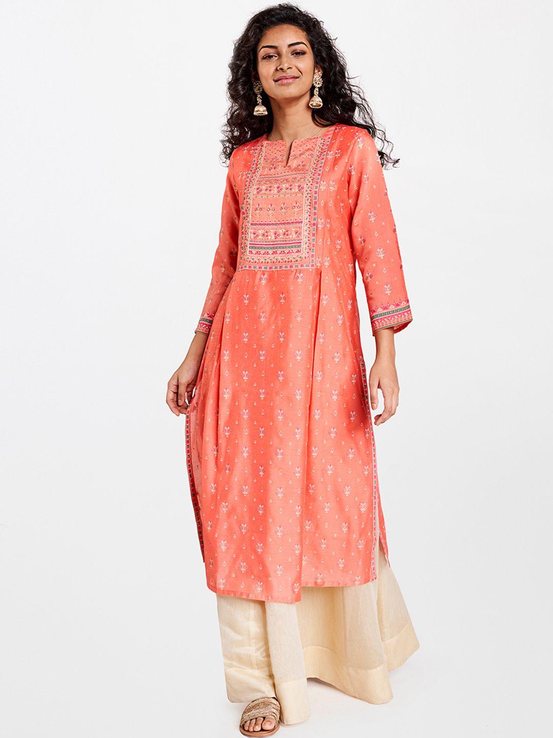 global desi women peach-coloured printed a-line kurta