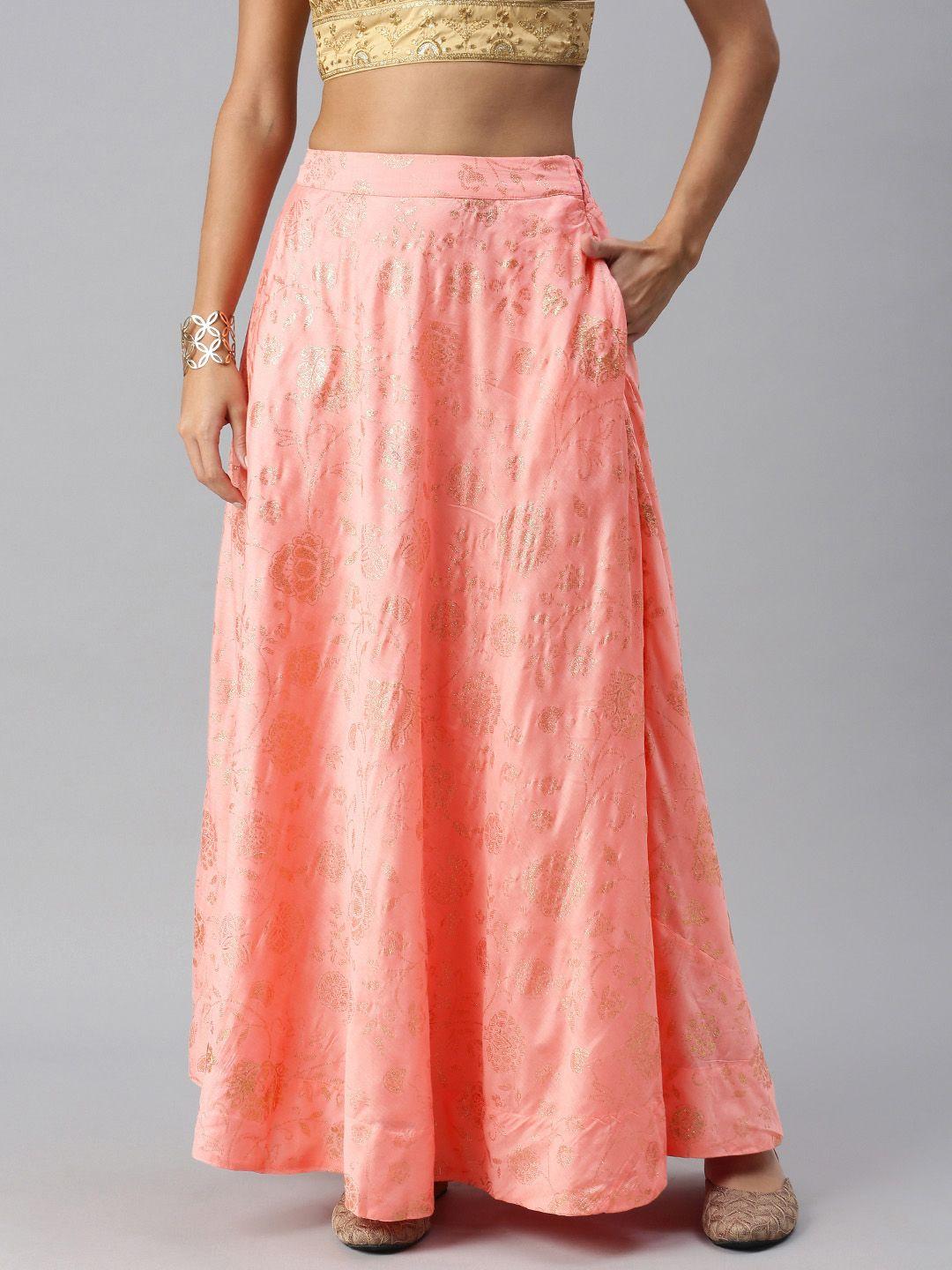 global desi women peach pink & gold-toned embellished paneled flared maxi skirt