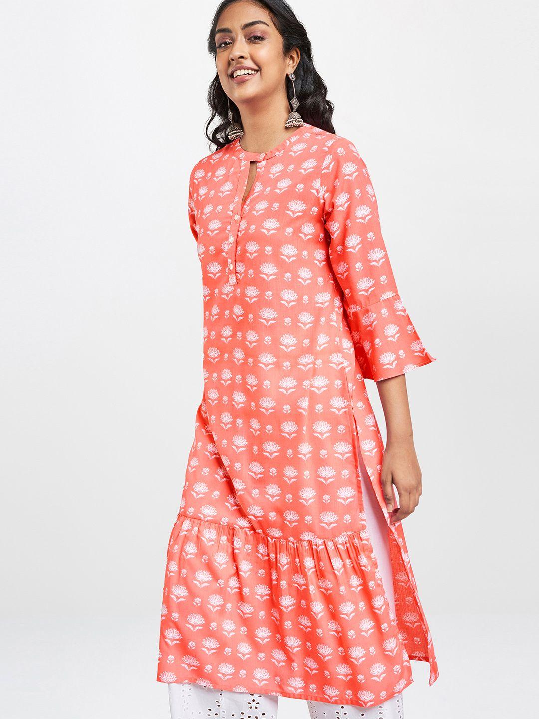 global desi women peach pink floral printed keyhole neck tiered kurta