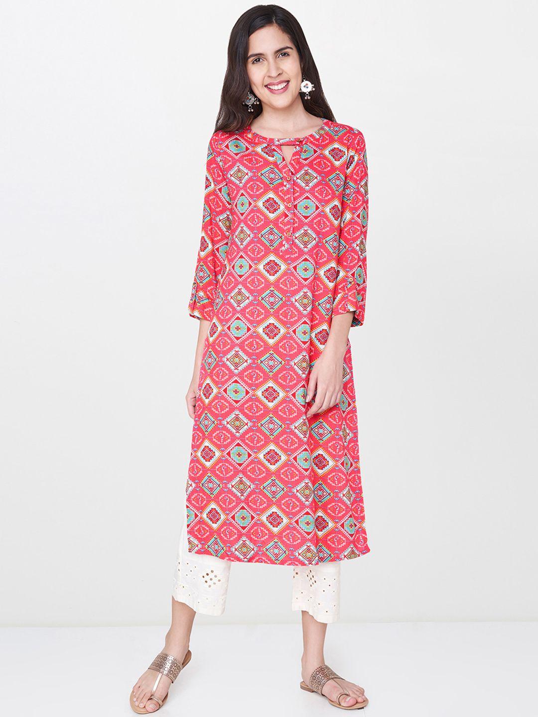 global desi women pink & blue printed straight kurta