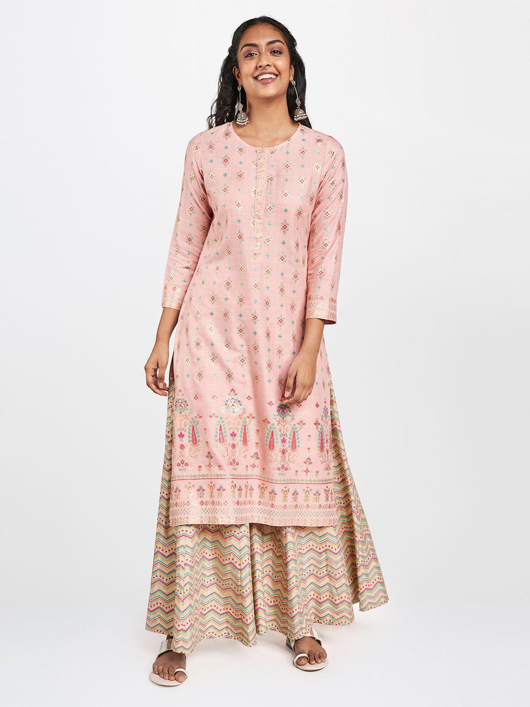 global desi women pink & gold-toned ethnic motifs foil printed kurta