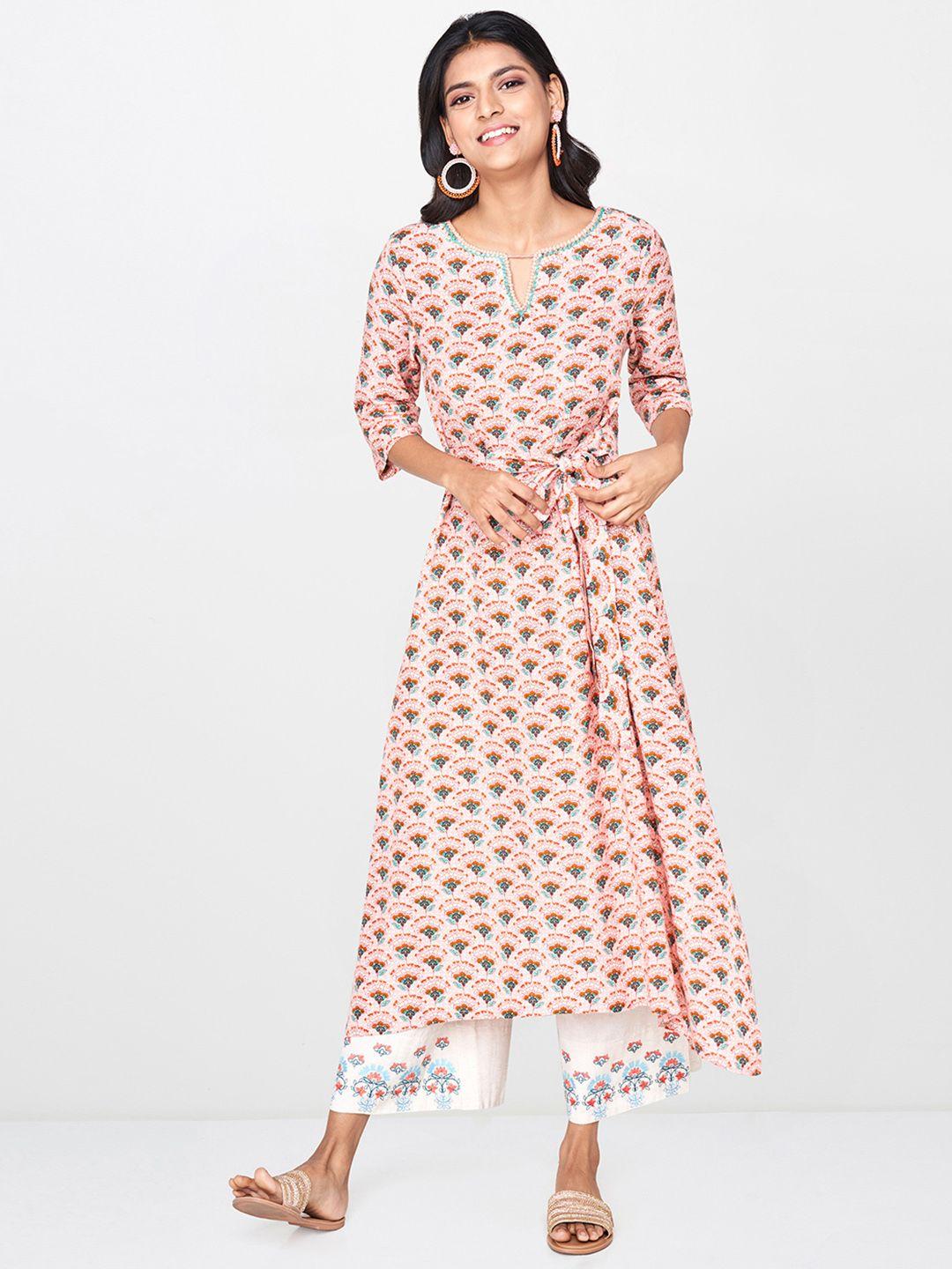global desi women pink & green printed a-line kurta with embroidered detail
