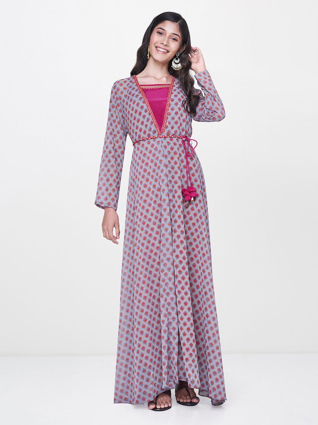 global desi women pink & grey printed a-line layered ankle length kurta