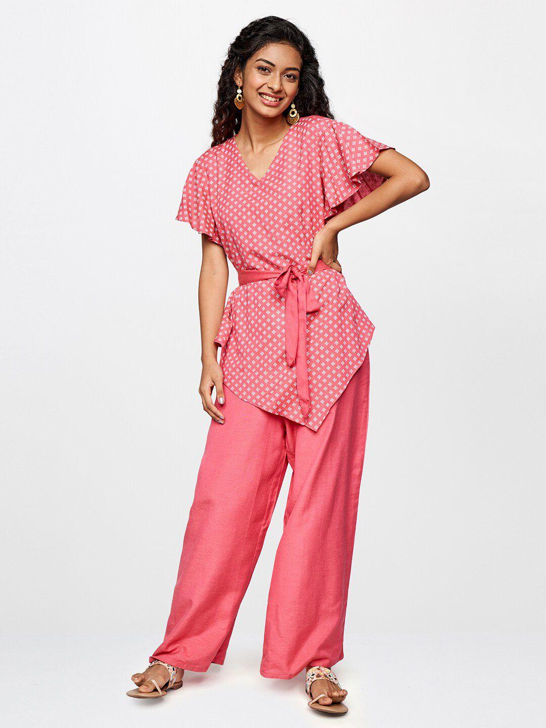 global desi women pink & off white printed basic jumpsuit