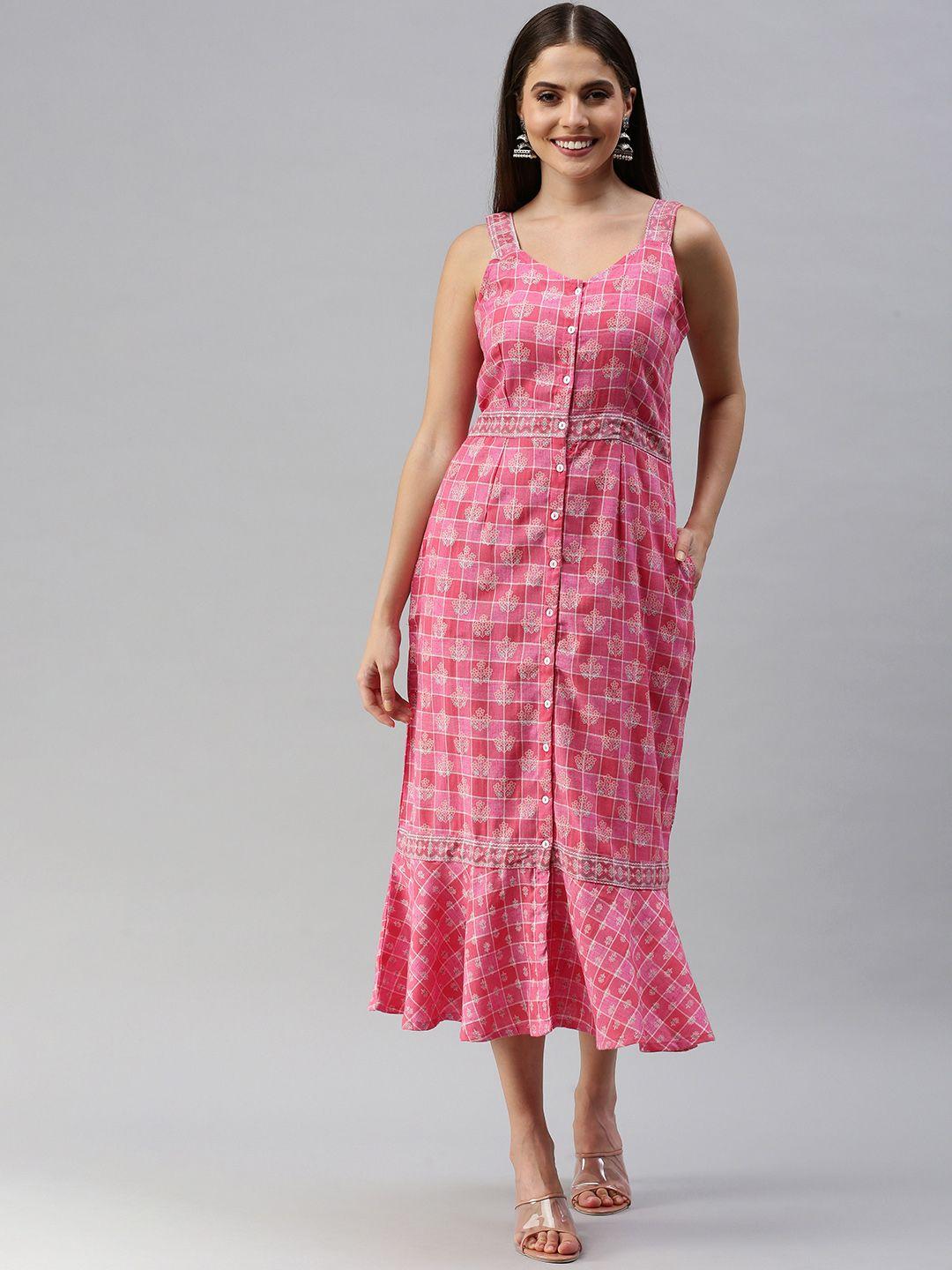 global desi women pink & white floral printed a-line midi dress