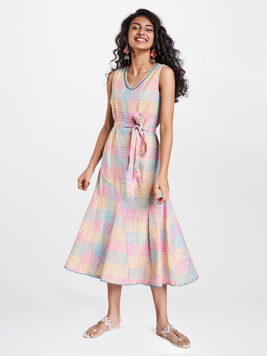 global desi women pink & yellow checked pure cotton a-line midi dress