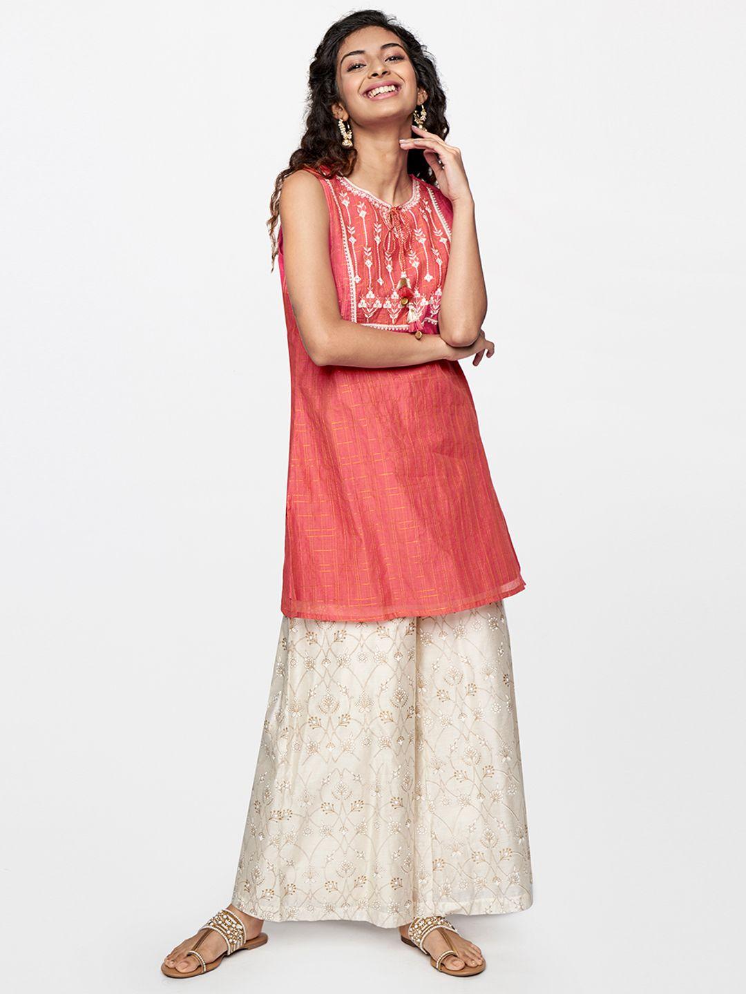 global desi women pink embroidered kurti with printed palazzos