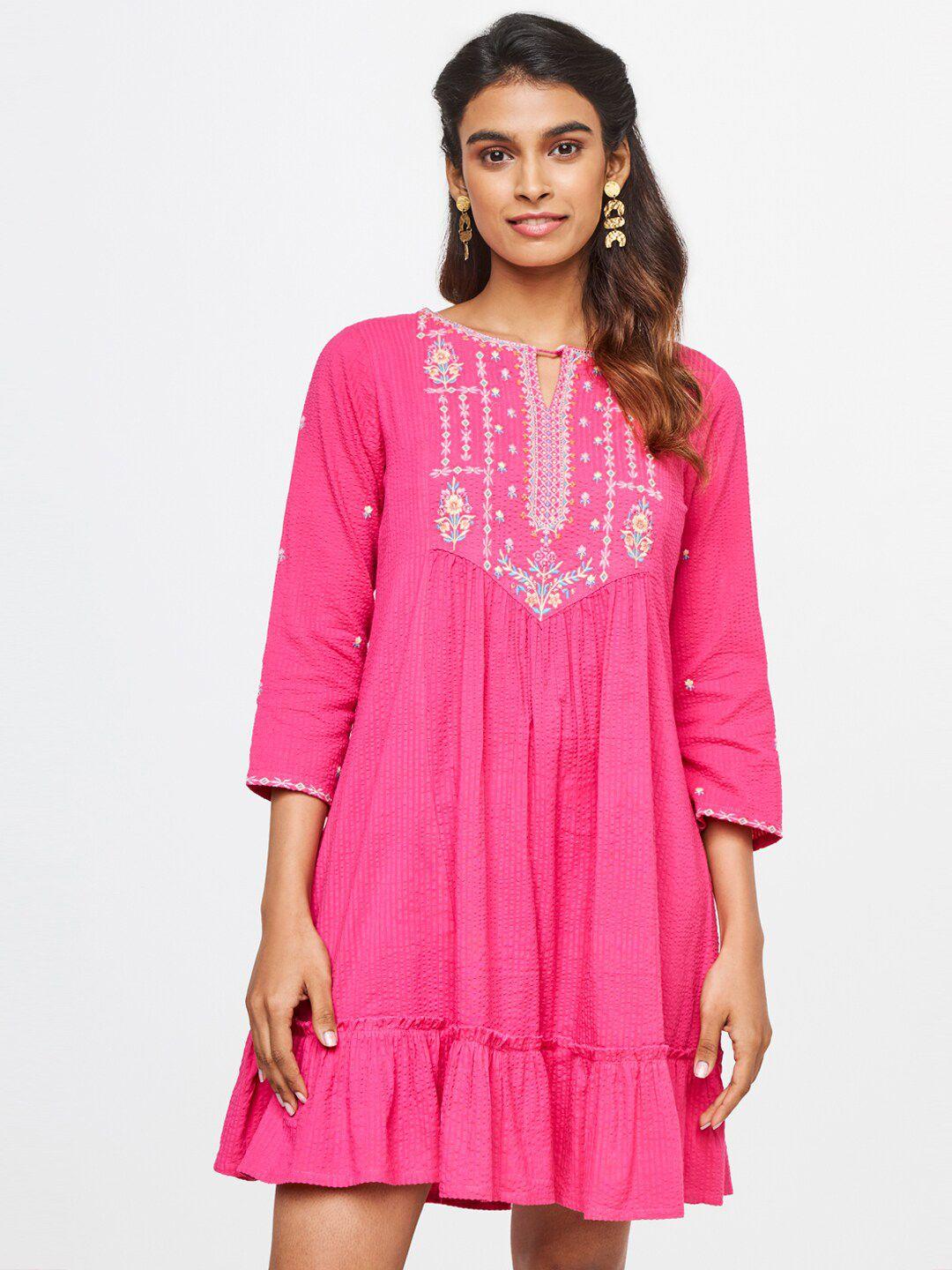 global desi women pink embroidered printed ethnic dress