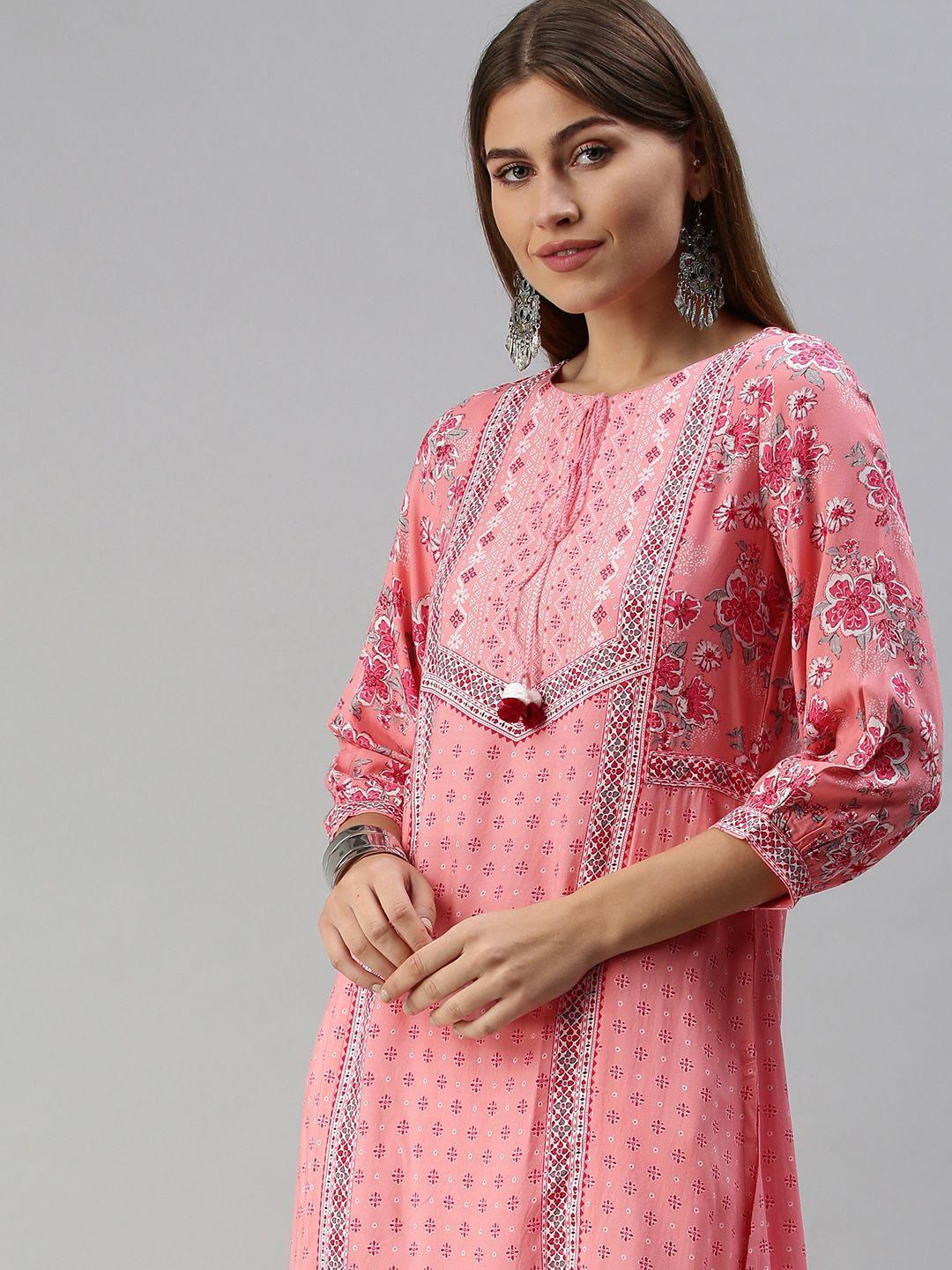 global desi women pink ethnic motifs printed straight kurta