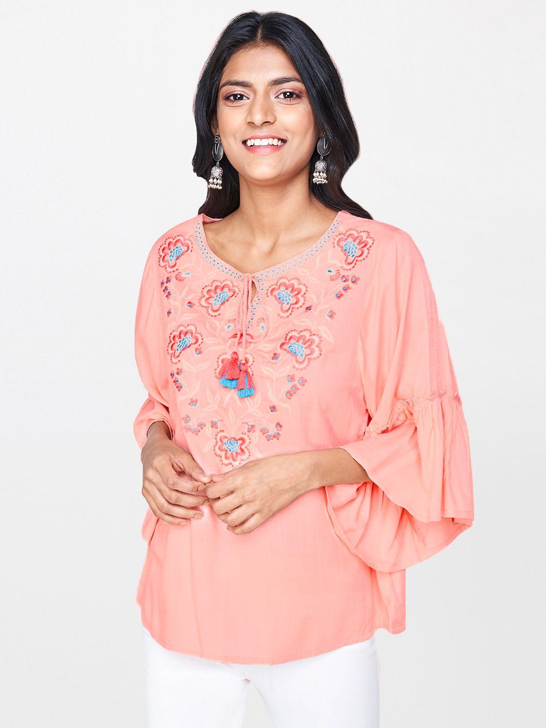 global desi women pink floral embroidered a-line top