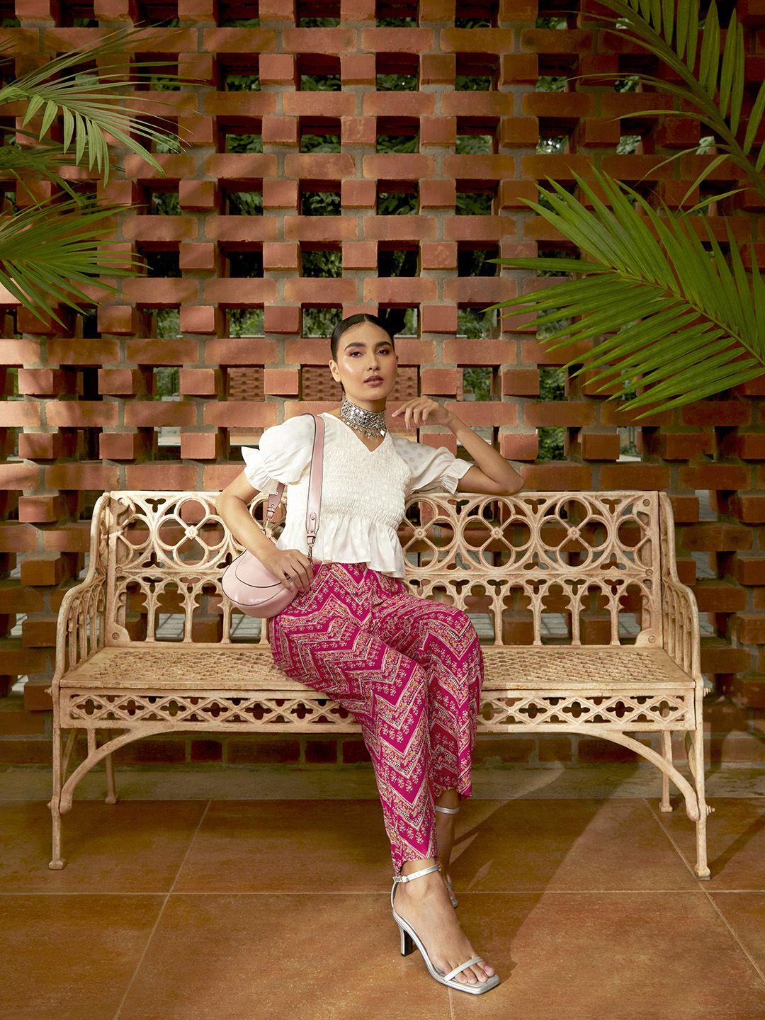 global desi women pink floral printed straight fit trousers