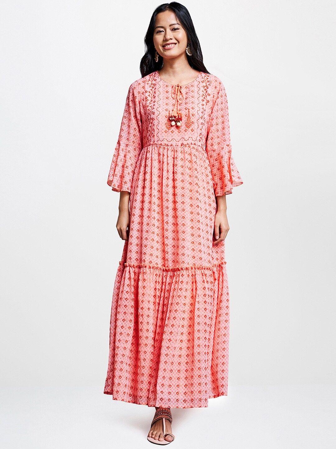 global desi women pink printed fit and flare dress