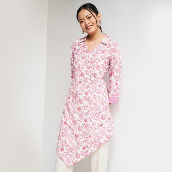 global desi women printed collared asymmetric hem tunic