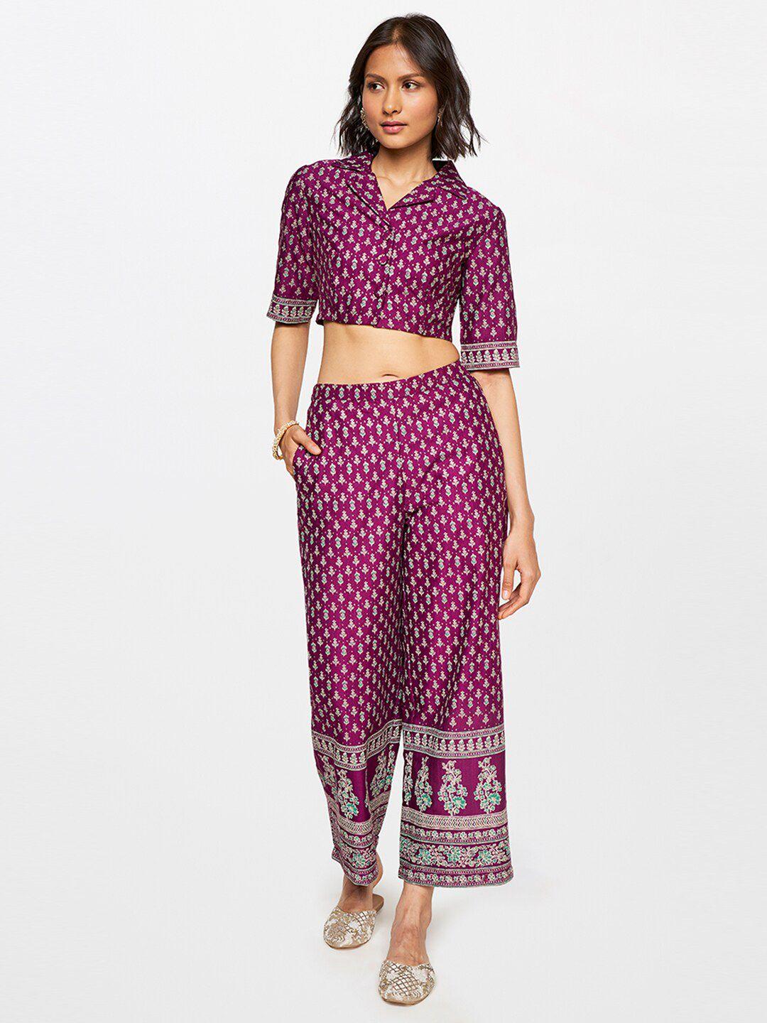 global desi women printed shirt collar crop top with palazzos